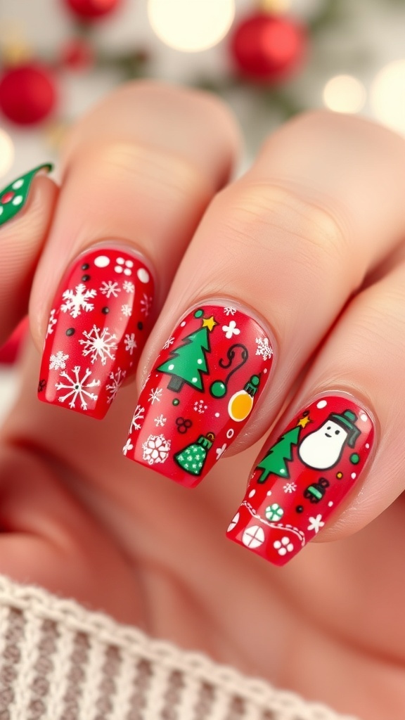 Close-up of Christmas doodle nail art with festive designs on red and green nails.